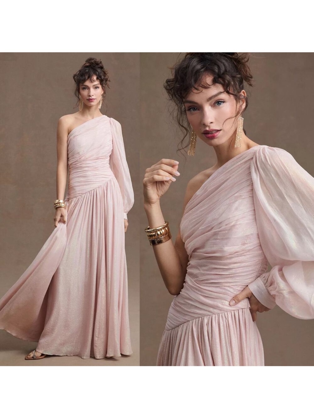 BHLDN Jade Metallic One-Shoulder Asymmetrical-Waist Gown Antgropologie